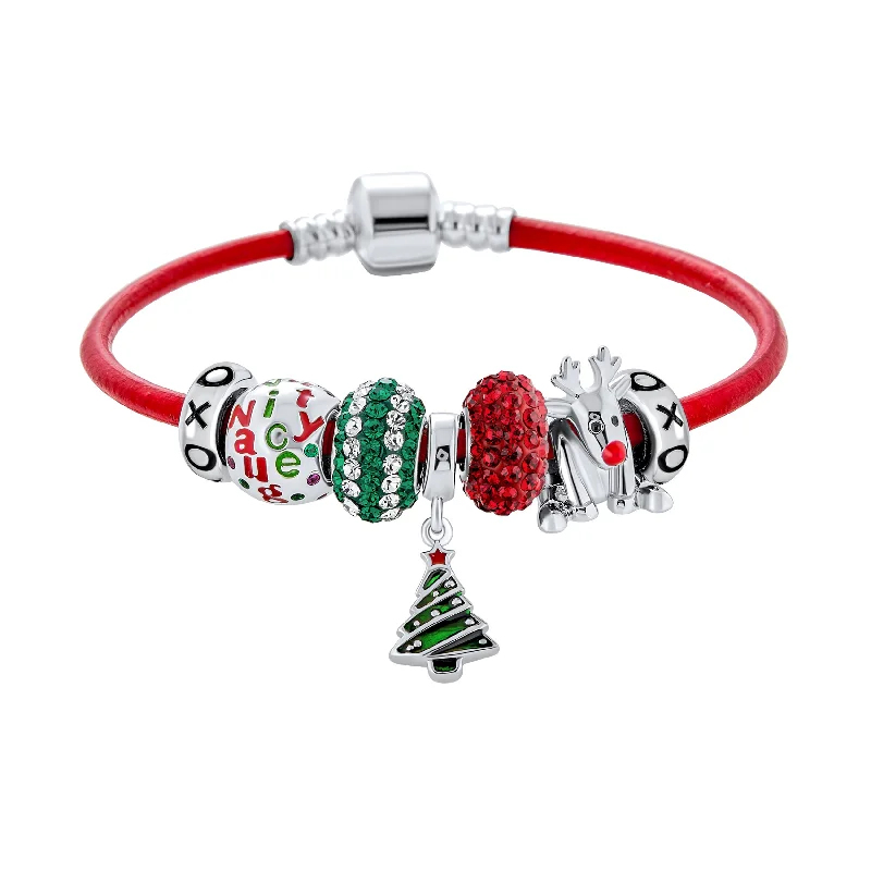 Personalized Name Bracelets-Christmas Tree Charm Bracelet with Rudolf Reindeer & Red Leather Sterling Silver Clasp