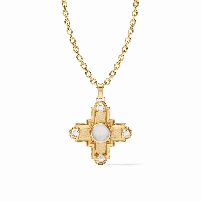 Artistic Pendant Necklaces-24K Yellow Gold Overlay 'Malta Theodora'  Cross Charm Necklace With Cubic Zirconia And Iridescent Clear Crystal