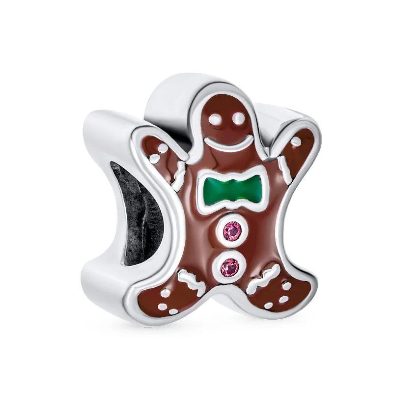 Bohemian Style Bracelets-Gingerbread Man Christmas Charm Bead Brown Enamel Sterling Silver for Bracelets