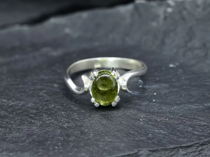 Gemstone Engagement Rings with Custom Settings-Green Tourmaline Ring - Solitaire Silver Ring - Classic Oval Ring