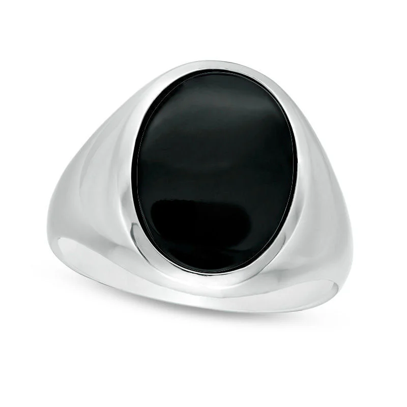 Designer Silver Promise Rings-Men's Oval Onyx Signet Ring in Sterling Silver