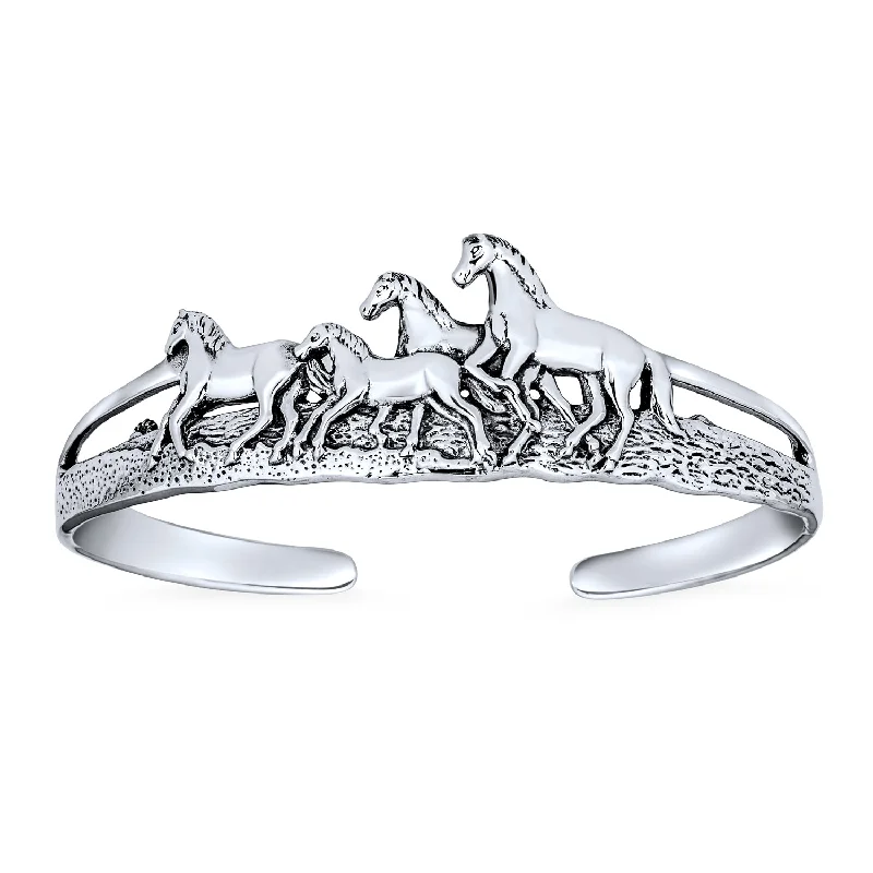 Beautiful Charm Bracelets for Teens-Unisex Equestrian Cuff Bracelet with Running Horses in Antiqued Sterling Silver Finish