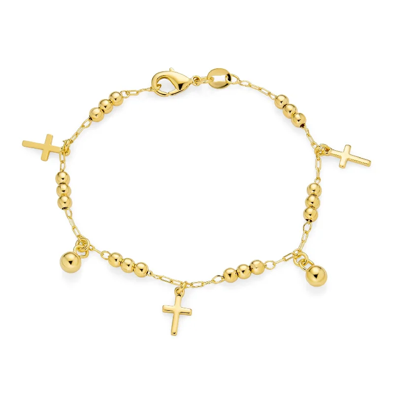 Fitness Bracelets for Tracking-Christian Religious Beads Charm Cross Bracelet 18K Gold Plated Brass 7.5 Inch