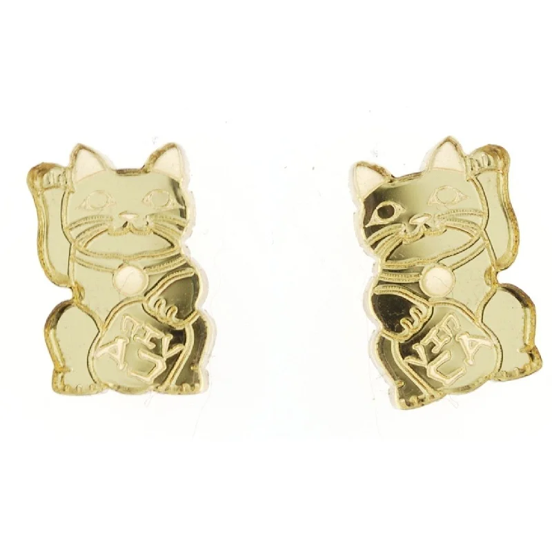 Elegant Gemstone Drop Earrings-Maneki Neko Cat Studs in Mirror Gold