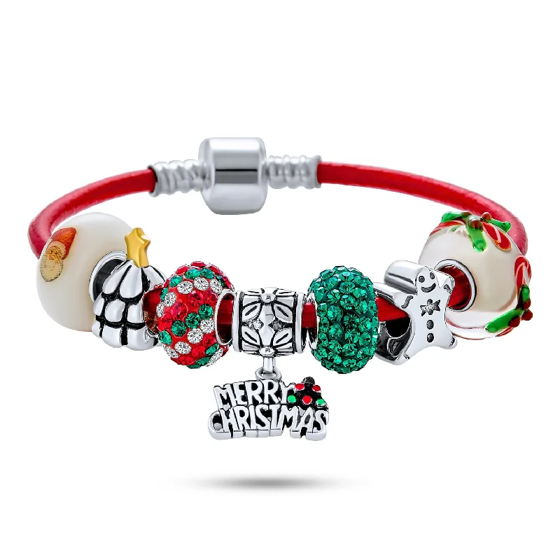 Birthstone Bracelets for Women-Merry Christmas Tree Charm Bracelet with Santa Gingerbread and Candy Cane Beads