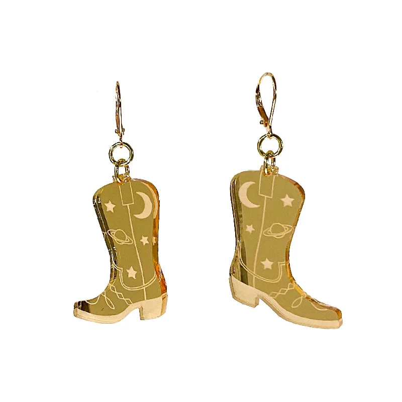 Classic Hoop Earrings for Women-Space Cowboy Boot Dangle Earrings- Mirror Gold