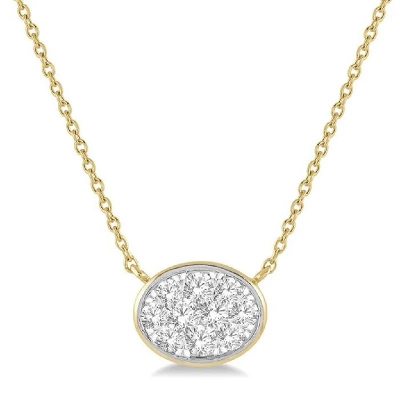 Custom Birthstone Necklaces-14K Yellow And White Gold East West Oval Shape 'Lovebright' Diamond Necklace