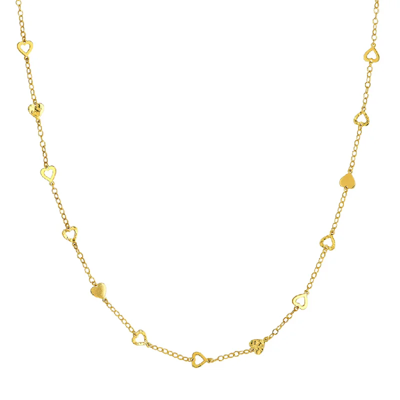 Beaded Necklaces-14K Yellow Gold Mix Hearts Station Curb Chain Necklace