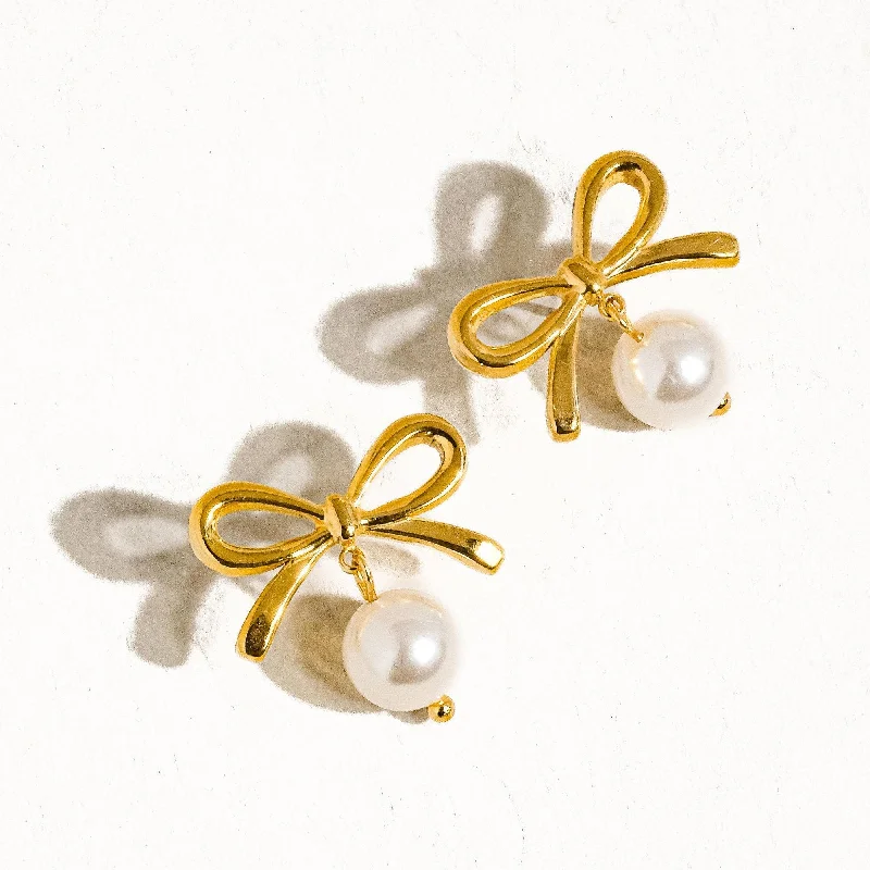 Large Drop Gemstone Earrings for Women-Aleah Gold Non-Tarnish Bow Pearl Earring