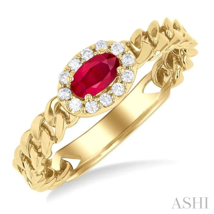 Custom Promise Rings for Couples-5x3 MM Oval Cut Ruby and 1/10 ctw Curb & Cuban Link East-West Round Cut Diamond Halo Precious Ring in 10K Yellow Gold