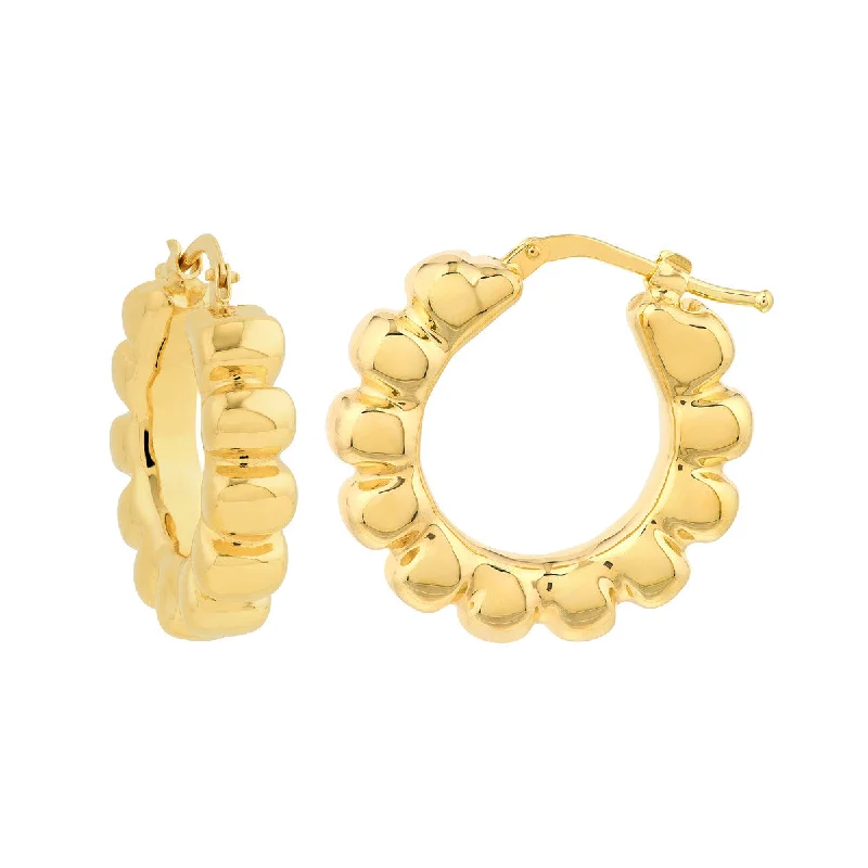 Elegant Drop Hoop Earrings-Puffy Gold Scalloped Hoop Earrings