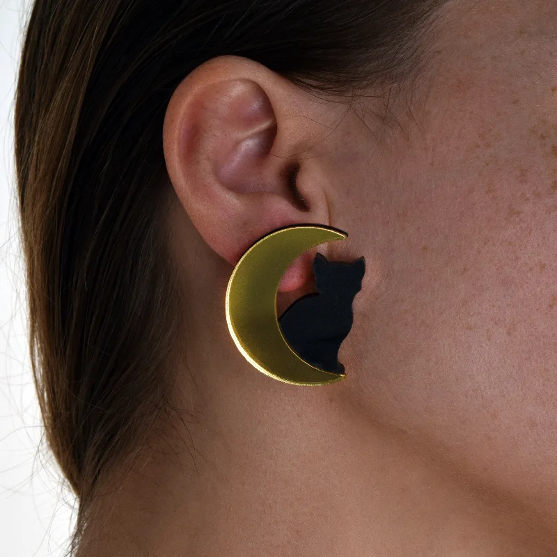 Modern Drop Stud Earrings-Last Chance! Cat in Moon Earrings