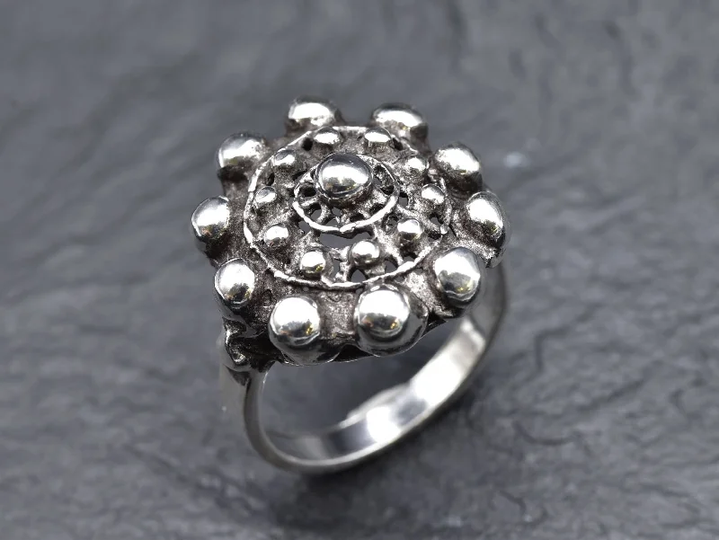 Custom Platinum Promise Rings-Charro Button Ring - Ancient Silver Ring, Vintage Floral Ring