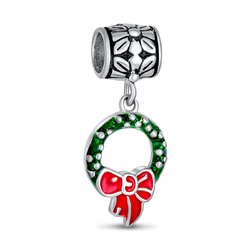 Crystal Bracelets for Healing-Green Wreath Christmas Charm Bead with Red Bow Enamel Sterling Silver for Bracelets