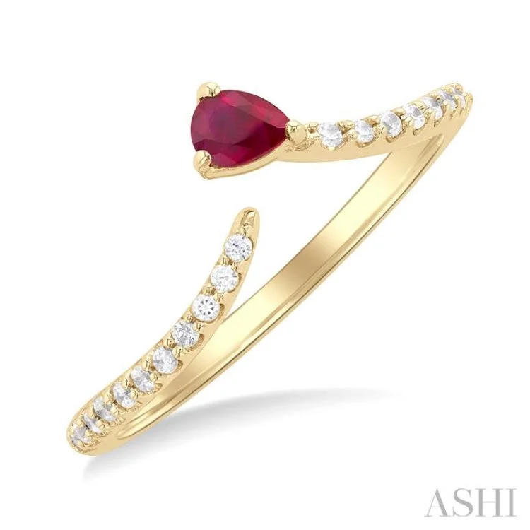 Designer Wedding Rings with Sapphire-4X3 MM Pear Cut Ruby and 1/10 ctw Petite Round Cut Diamond Precious Fashion Ring in 10K Yellow Gold