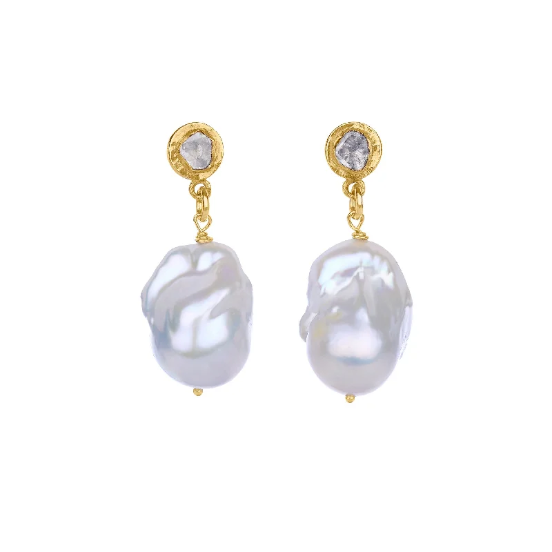 Designer Hoop Drop Earrings for Women-Diamond Slice And Baroque Gold Plated Earrings w. Pearls