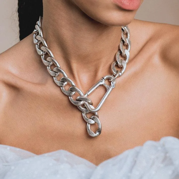 Customizable Necklaces-XX. Chunky Curb Chain & Carabiner Clasp Necklace - Silver