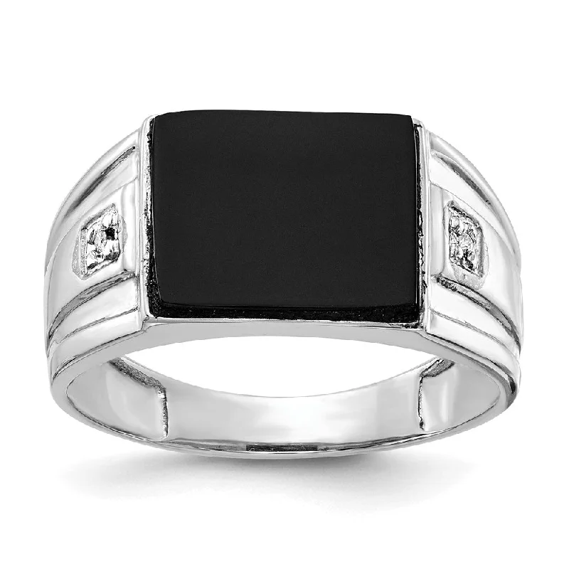 Personalized Custom Diamond Wedding Rings-Solid 14k White Gold  Real Diamond Men's Onyx Ring