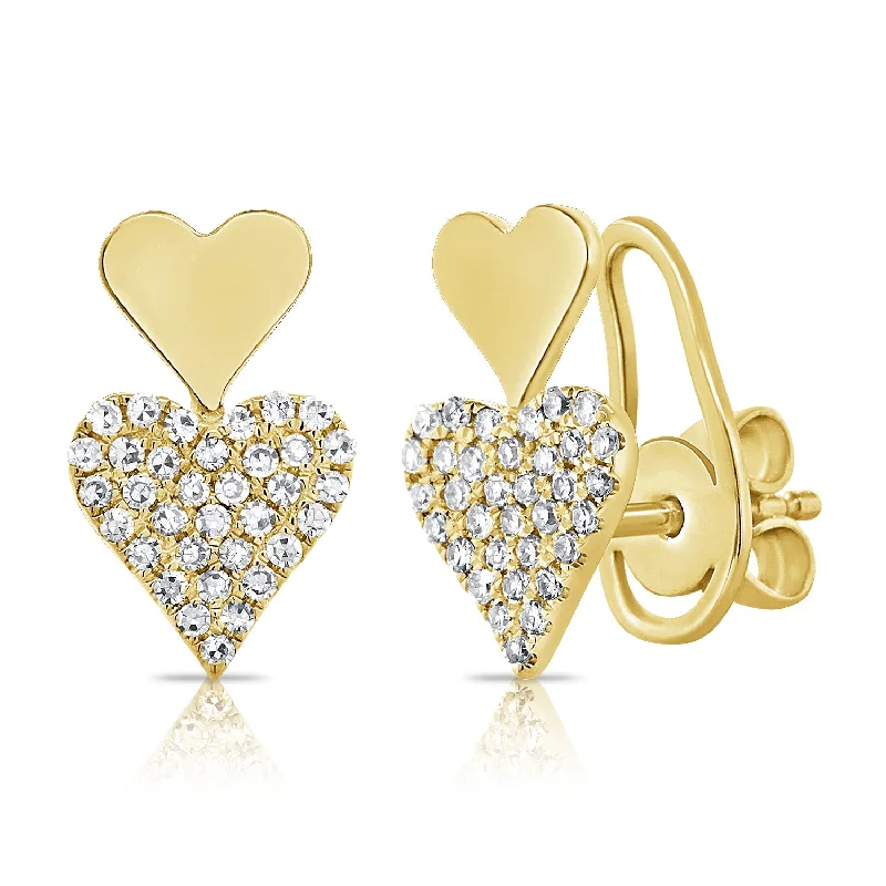 Trendy Drop Earrings for Women-Elongated Pave Double Heart Studs