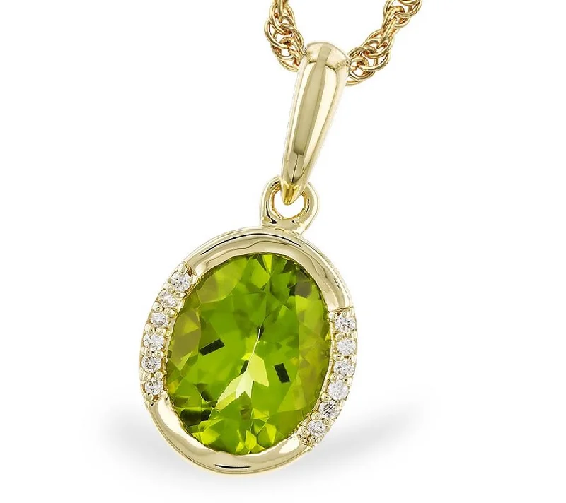 Talisman Necklaces-14K Yellow Gold Oval Peridot And Diamond Pendant Necklace