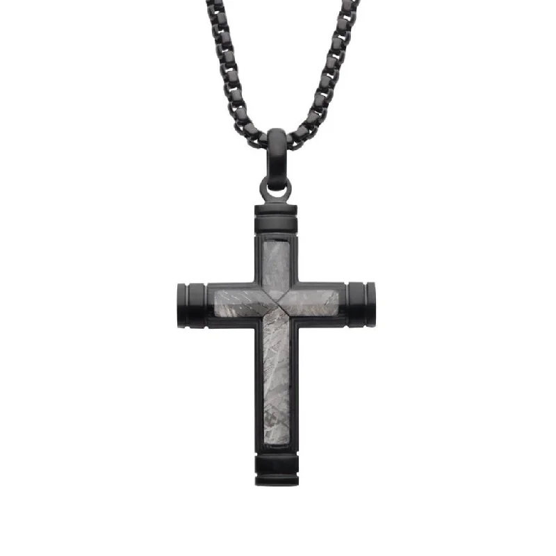 Gemstone Pendant Necklaces-Stainless Steel Meteorite Inlay Cross Pendant Necklace