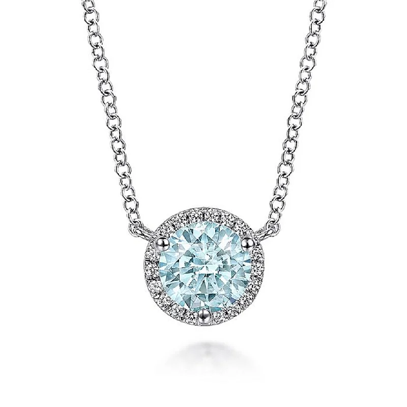 Designer Necklaces-14K White Gold Round Aquamarine and Diamond Halo Pendant Necklace