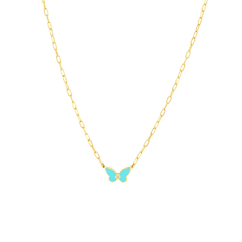 Custom Text Necklaces-14K Yellow Gold Turquoise Enamel Butterfly Necklace