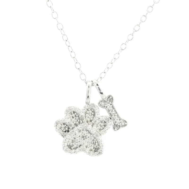 Cross Necklaces-Sterling Silver Puppy Paw And Bone Diamond Pendant Necklace