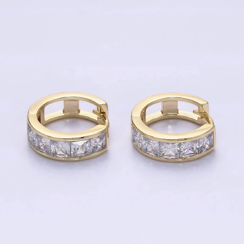 Chic Gold Drop Earrings-14K Gold Clear Square CZ Lined Huggie Hoop Earrings