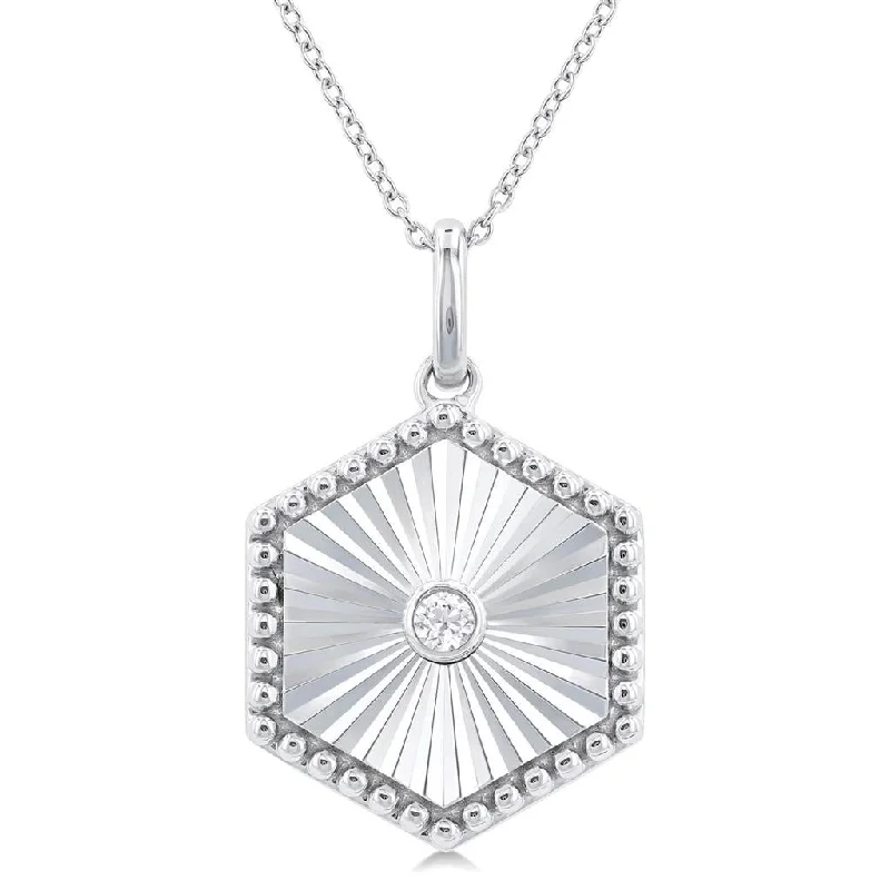 Custom Picture Necklaces-Sterling Silver Hexagon Medallion Diamond Pendant Necklace