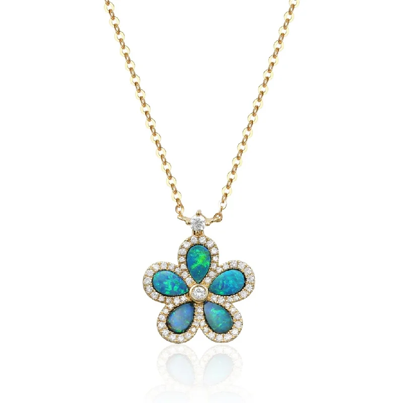 Family Necklaces-14K Yellow Gold Opal And Diamond Flower Necklace