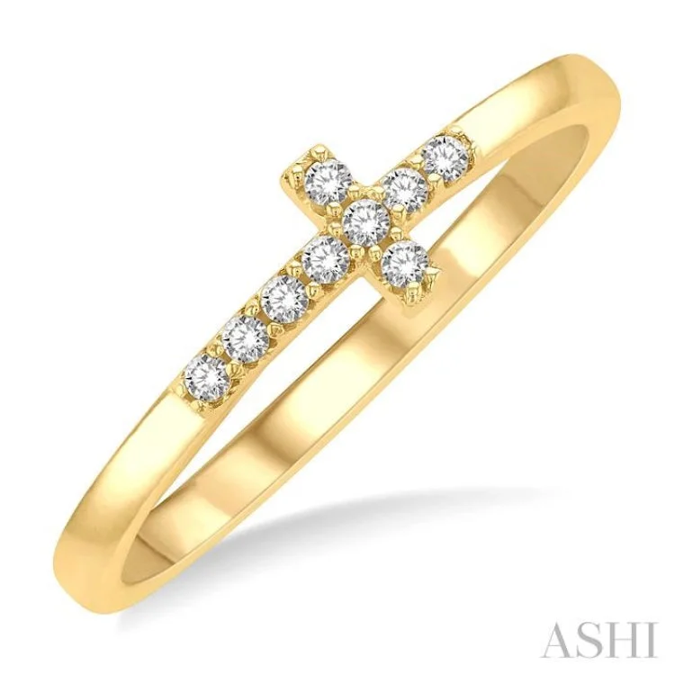 Classic Wedding Bands with Personalization-1/10 ctw Petite Reclining Cross Round Cut Diamond Stackable Fashion Ring in 10K Yellow Gold