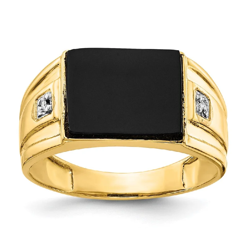 Affordable Custom Wedding Bands-Solid 14K Yellow Gold Men's Real Diamond and Black Onyx Signet Ring