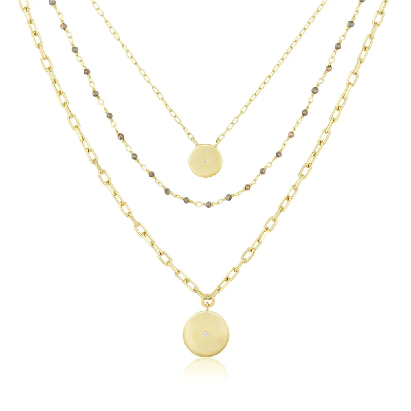 Choker Necklaces-14K Yellow Gold Overlay Lara Three In One Layered Disc Charm Necklace