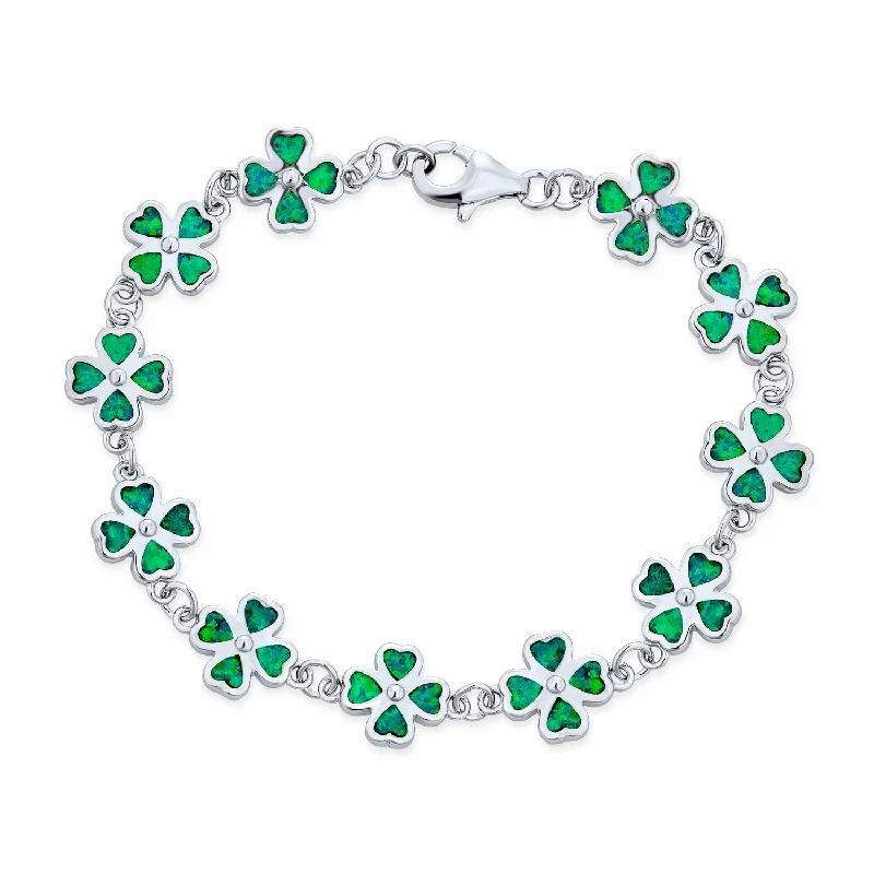 Adjustable Bracelet for Teenagers-Created Opal Inlay Shamrock Strand Bracelet Sterling Silver Lucky Clover Charm