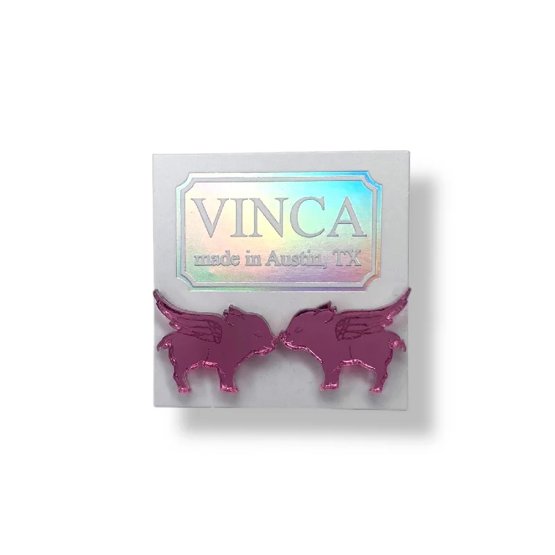 Silver Stud Earrings for Women-Flying Pig Earrings in Mirror Pink