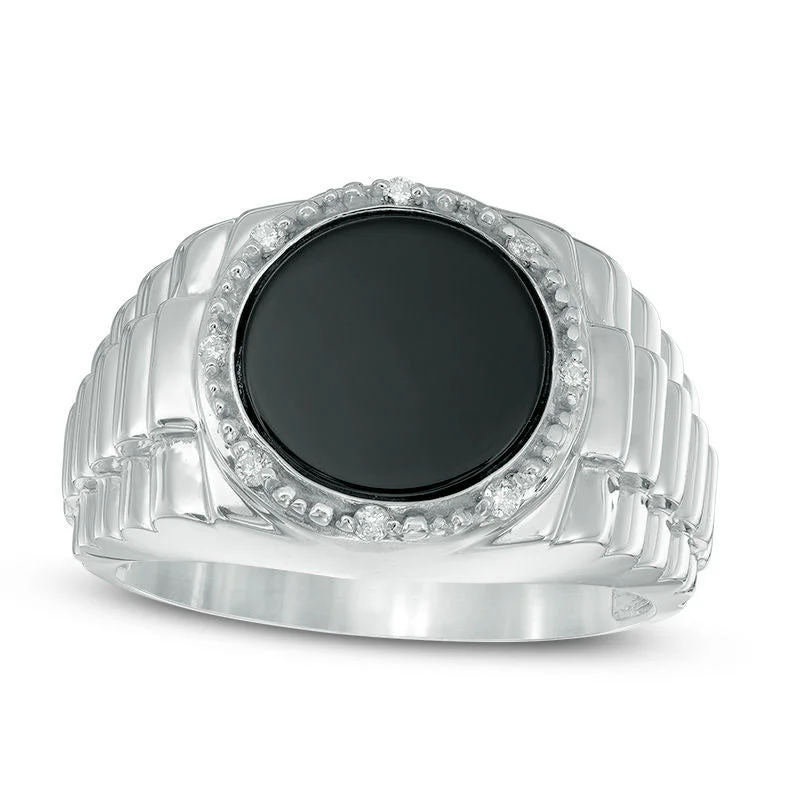 Designer Silver Promise Rings-Men's Onyx and Natural Diamond Accent Stepped Shank Signet Style Ring in Solid 10K White Gold