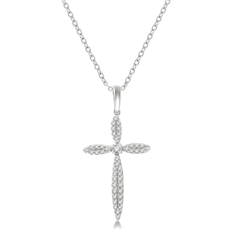 Custom Charm Necklaces-10K White Gold Marquise Shape Diamond Cross Pendant Necklace