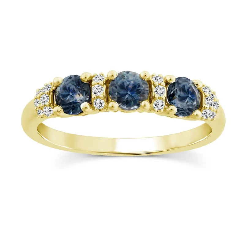 Custom Heart Shaped Promise Rings-Three Stone Blue Sapphire and Diamond Band Ring