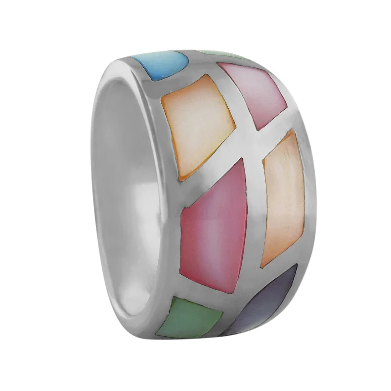 Personalized Gemstone Engagement Rings-Sterling Silver Multi Color Mother of Pearl Tapered Band Ring