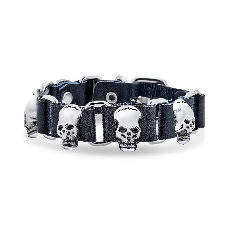 Crystal Bracelets for Protection-Biker Chain Link Bracelet Skull Heads Black Leather Studded Cuff for Men s