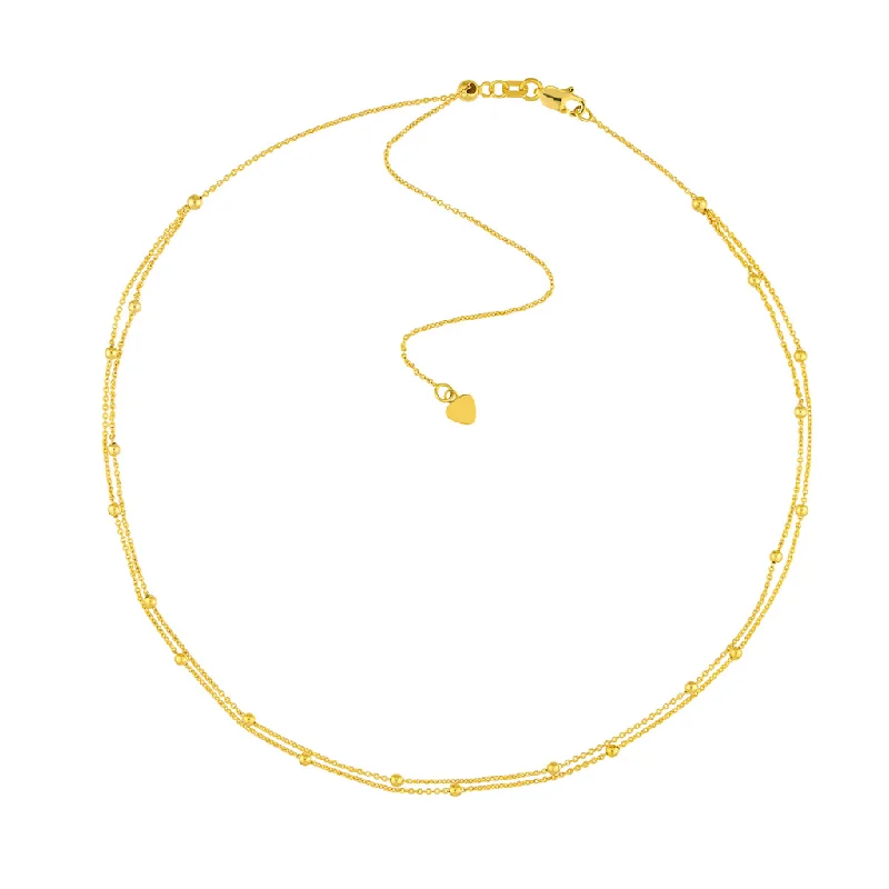 Affordable Necklaces-14K Yellow Gold Bead Stations Double Chain Choker Necklace