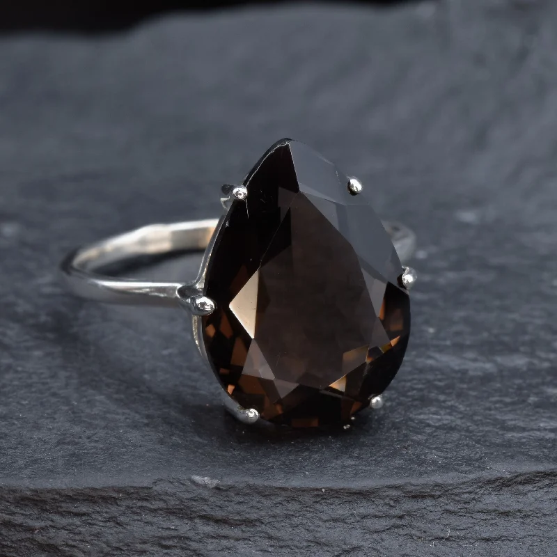 Designer Wedding Rings with Custom Engraving-Smoky Topaz Ring - Large Teardrop Ring - November Birthstone Ring