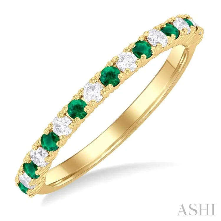 Affordable Vintage Engagement Rings-1.80 MM Round Shape Emerald and 1/4 ctw  Round Cut Diamond Precious Stack Band in 10K Yellow Gold