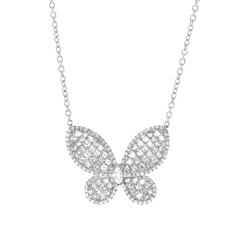 Love Heart Pendant Necklaces-18K White Gold Natural Diamonds Butterfly Necklace