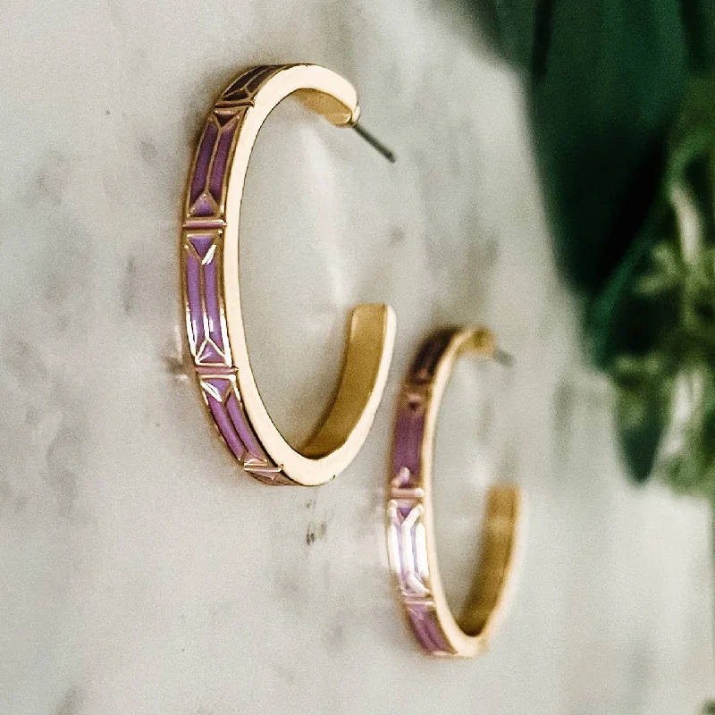 Colorful Drop Hoop Earrings for Women-Purple Enamel and Gold Hoop Earrings