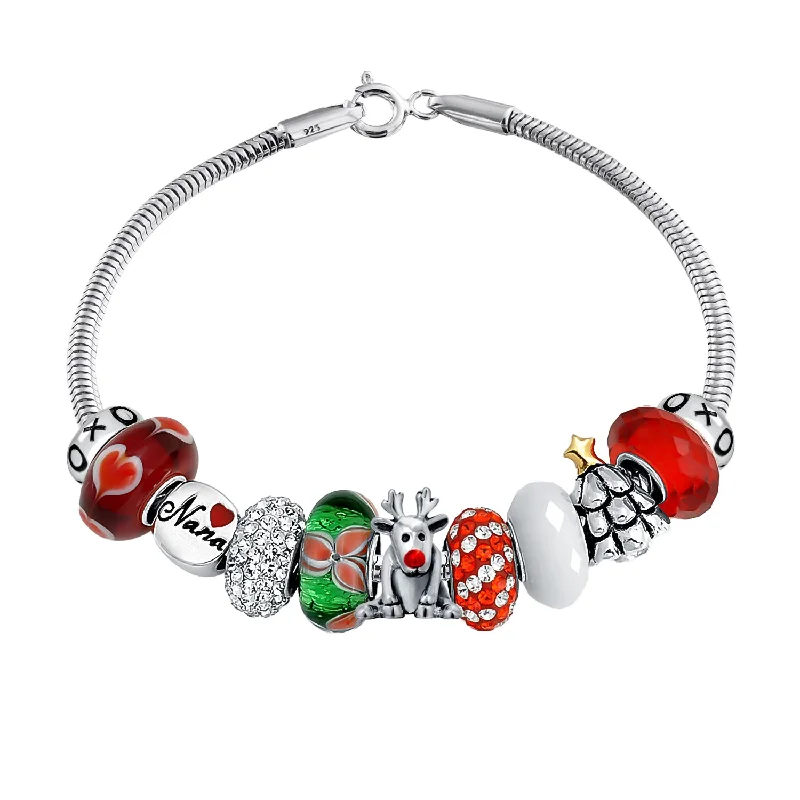 Gemstone Bracelets for Men-Christmas Rudolph Reindeer Nana Charm Bracelet with European Beads Sterling Silver