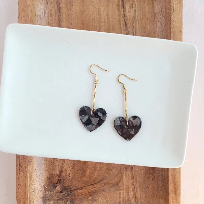 Large Silver Hoop Earrings-Mina Heart Earrings - Black