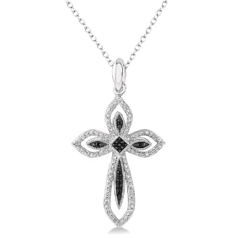 Luxury Gemstone Necklaces-Sterling Silver Black Diamonds Cross Pendant Necklace