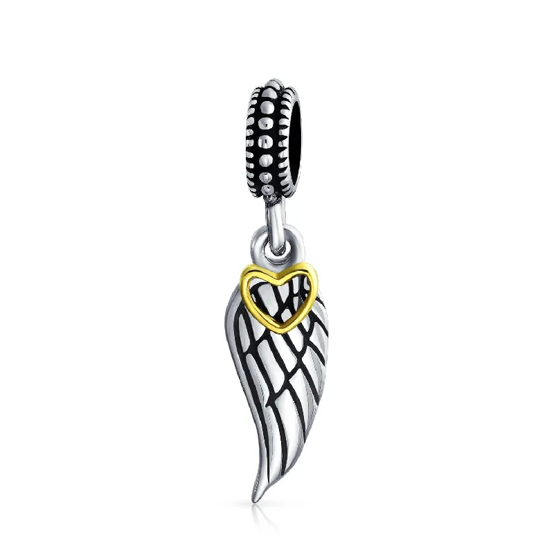 Silver Bracelets for Girls-Two Tone Heart Dangle Charm Bead with Angel Wing Feather for European Bracelet